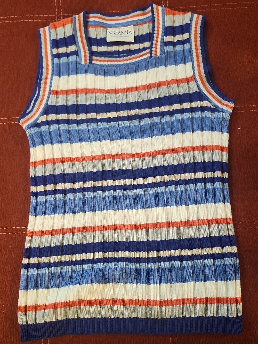Rosanna Striped Ribbed Sleeveless Sweater Tank in Blue, White & Orange
